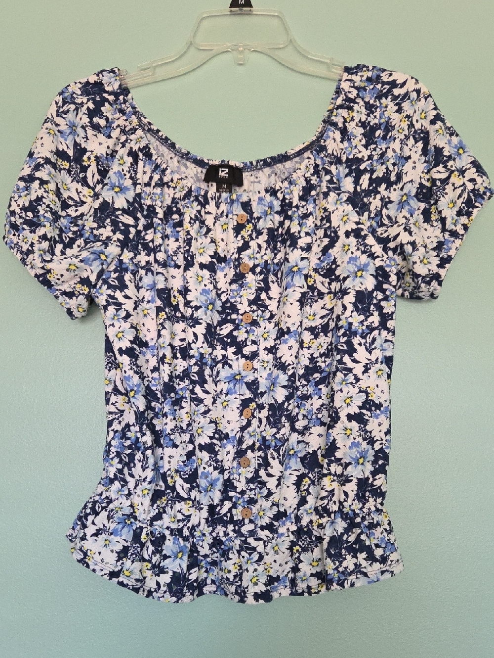 Ruffled Hem Floral Button-Front Women’s Top - Blue